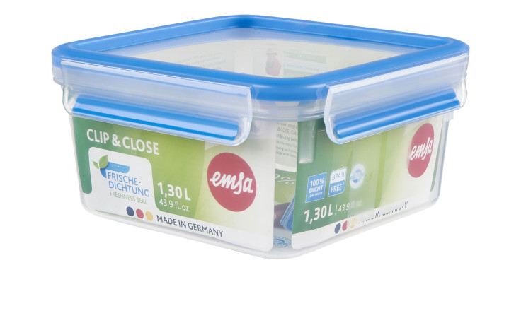 Emsa Frischhaltedose Clip & Close, 1,5L, quadratischer transparenter Behälter mit blauem Verschlussdeckel, Made in Germany.
