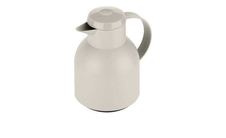 Die Emsa Isolierkanne Samba 1 l in grau, mit Henkel und Ausguss, von oben gesehen auf weißem Grund.