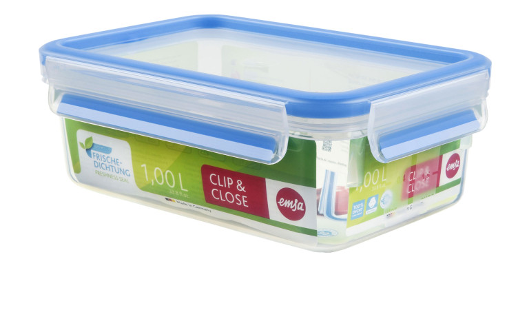 Emsa Frischhaltedose Clip & Close 1.0L: transparenter Lebensmittelbehälter mit blauem Deckel und seitlichen Clips.