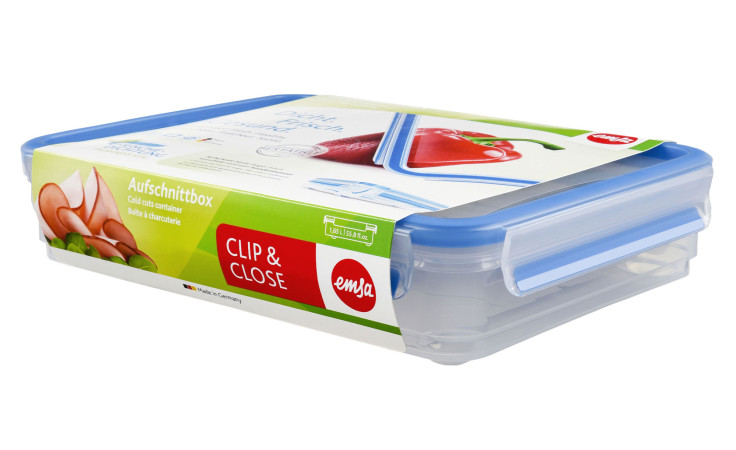 Emsa Aufschnittbox Clip & Close 1,65L, rechteckig, transparent mit blauem Stülpdeckel, deutsche Verpackung.