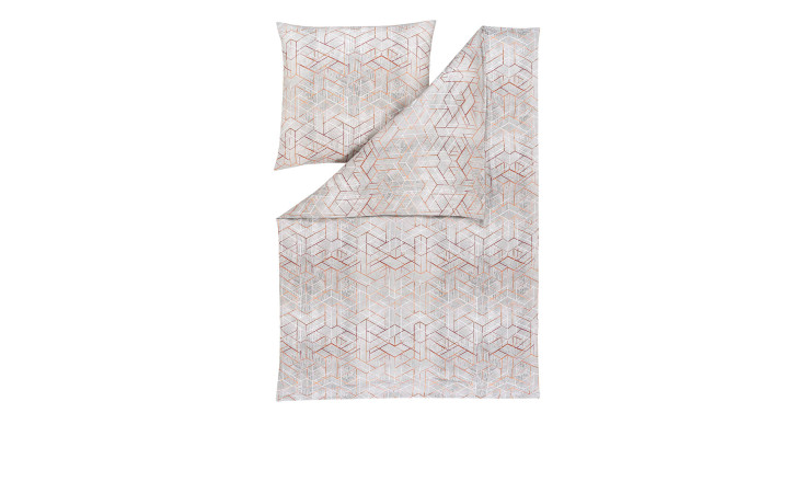 Eine gefaltete Estella Mako-Satin-Bettwäsche Joaquin 135x200cm mit passendem Kissenbezug in geometrischen gedeckten Tönen auf Weiß.