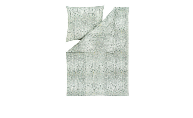 Estella Mako-Satin-Bettwäsche Joaquin 155x220 cm in hellgrün mit geometrischem Muster, abgebildet auf weißem Hintergrund.