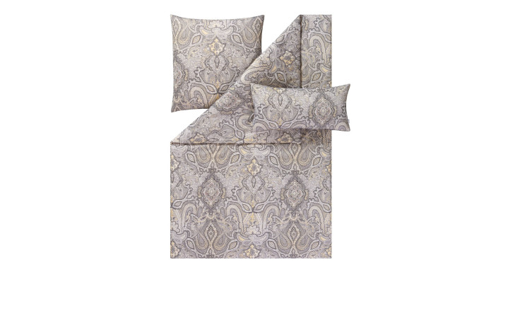 Estella Mako-Satin Fernanda 135x200 cm Bettwäsche-Set in grauem und beigem Damast, bestehend aus Bezug, Kissenbezug und Bettdecke.