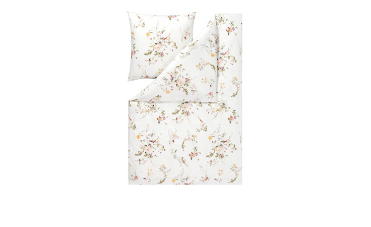 Estella Mako-Jersey-Bettwäsche Leoni 155x220 cm: Dezentes Blumenmuster auf weißem Hintergrund, Bettbezug und Kissenbezug.