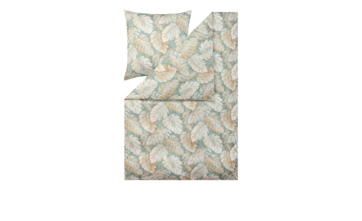 Estella Mako-Jersey-Bettwäsche Rabea 135x200 cm in beige-grünem Blattmuster, abgebildet auf weißem Hintergrund.