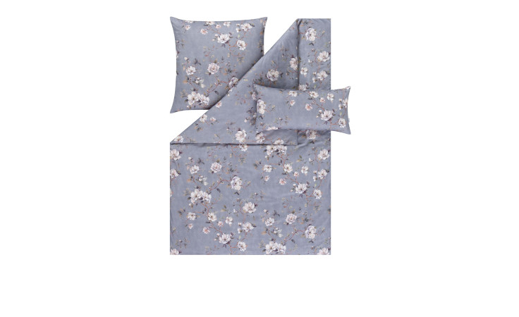 Mako-Satin-Bettwäsche Lara 135x200 cm, florales blaues Set mit zwei Kissenbezügen, Bettdeckenbezug, und Laken.