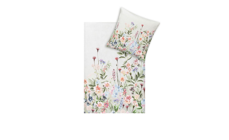 Mako-Satin-Bettwäsche Nancy 135x200 cm: Weißes Bettwäscheset mit buntem Blumenmuster, Kissen- & Bettdeckenbezug aus Baumwolle.