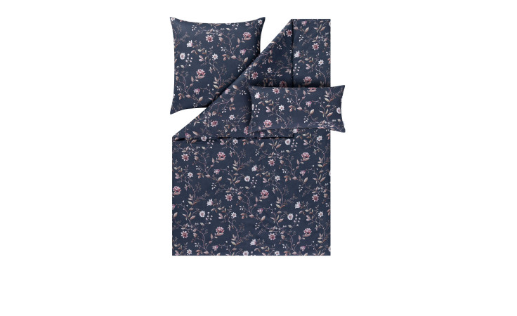 Mako-Satin-Bettwäsche Linda 155x220 cm: marineblaues Blumenset mit Bettdeckenbezug & 2 Kissenbezügen auf weiß.