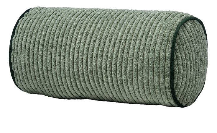 Die Kissenrolle Anafi 40 x 20 cm von Ambiente Trendlife in salbeigrünem Rippenstoff ist auf weißem Grund abgebildet.