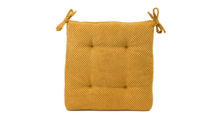 Ambiente Trendlife Sitzkissen Sven 40x40 cm in Senf Gelb, Synthetikfaser, zwei Eckbänder, auf weißem Hintergrund.