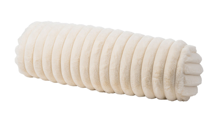 Die Ambiente Trendlife Kissenrolle Vito 60 x 20 cm ist ein geripptes, plüschiges Synthetik-Nackenkissen auf weißem Untergrund.