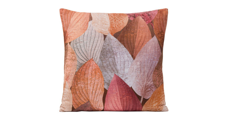 Kissenhülle Vapiano 45x45 cm von Ambiente Trendlife mit überlappenden Blättern in Orange, Rosa, Zimt-Braun & Beige auf Weiß.