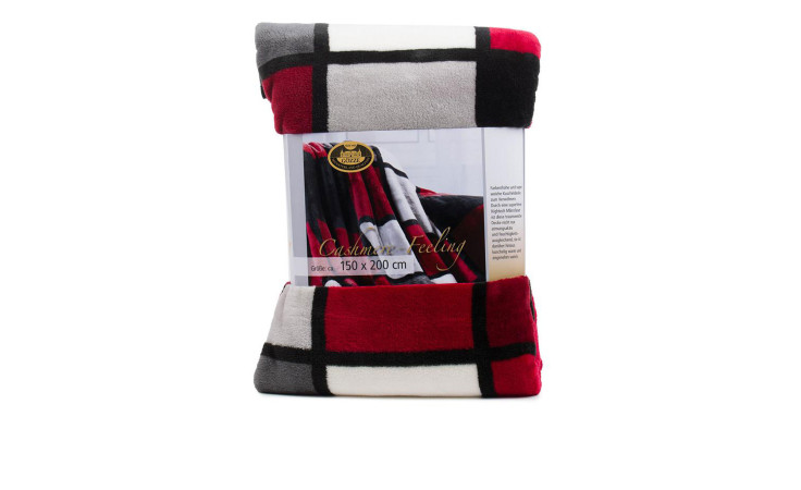 Eine gefaltete Gözze Heimdecke Cashmerefeeling 150x200 cm in einem roten, schwarzen, grauen und weißen Karomuster mit eingewickeltem Etikett.