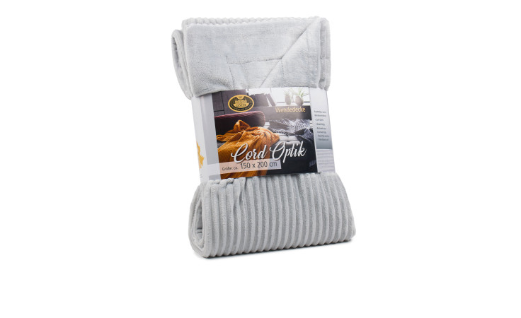 Hellgraue Gözze Wohndecke Cord, 150 x 200 cm, gefaltet mit Etikett und Kordel.