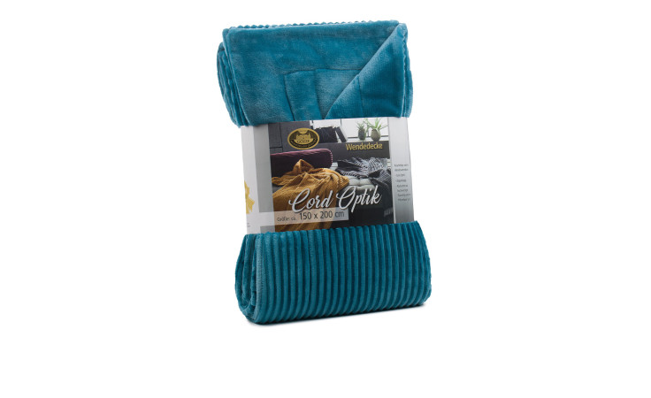 Gözze Wohndecke Cord 150 x 200 cm, teal gerippte Decke, gefaltet mit Verpackung mit Details und Raumbildern.