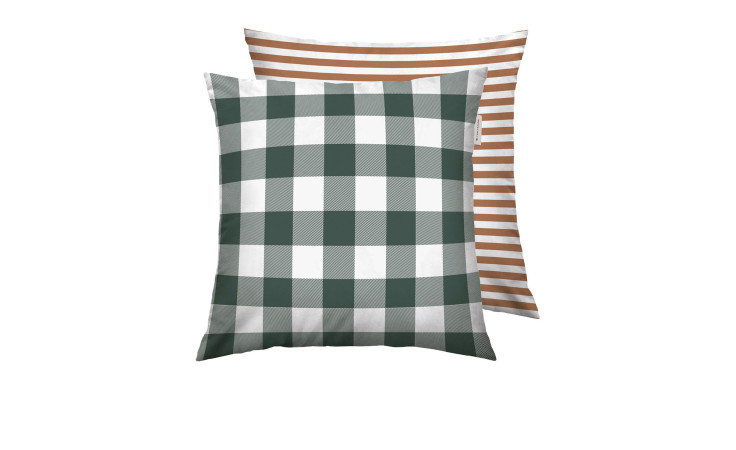 Zwei TOM TAILOR Flanell-Kissenhüllen 40x40 cm: grün/weiß kariert & braun/weiß gestreift, aus Naturfaser.