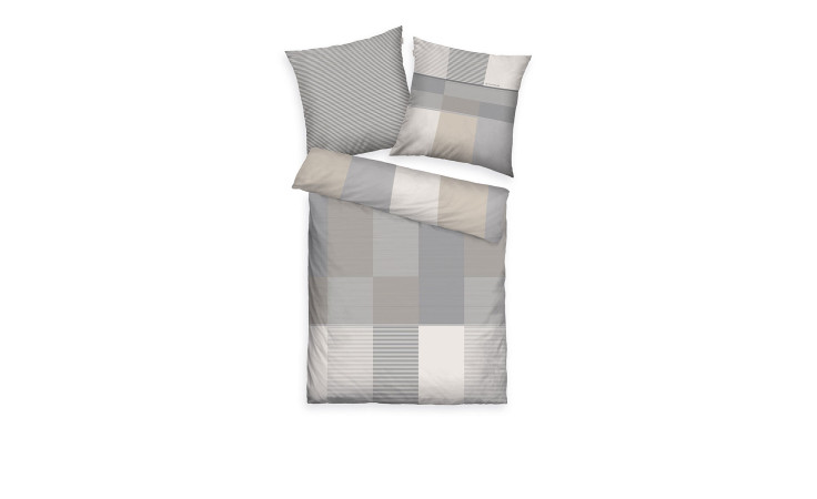 TOM TAILOR Satin-Bettwäsche 200x200 cm in grau und beige kariert mit passendem Kissenbezug und Bettdeckenbezug auf weiß abgebildet.