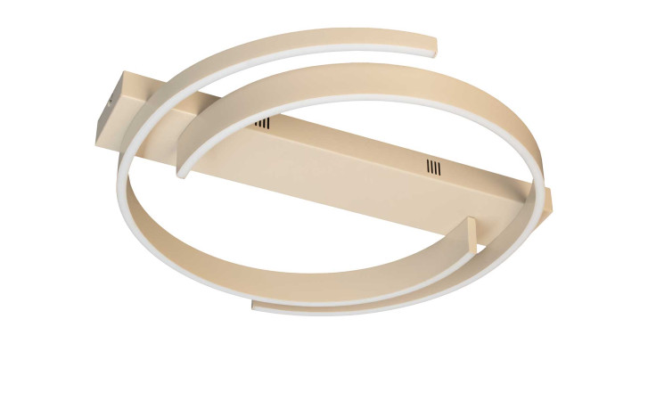 Fischer-Honsel LED-Deckenleuchte Circly 56 cm mit zwei gebogenen Ringen auf Sand-Metall Basis, von unten gesehen.