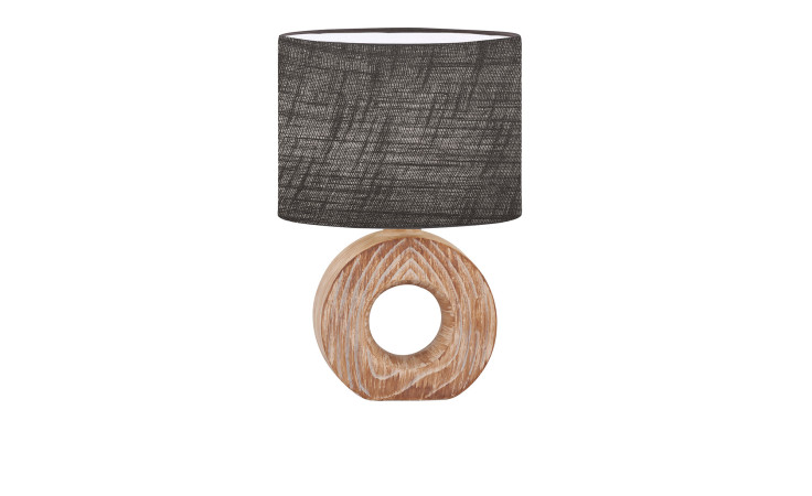 Tischleuchte Hanke 31 cm mit holzfarbenem Fuß und grauem Stoffschirm.