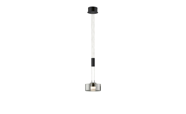 Die Fischer-Honsel LED-Pendelleuchte Lavin 20 cm hat einen Glasschirm, eine Metallhalterung und klare Kabel in Schwarz.