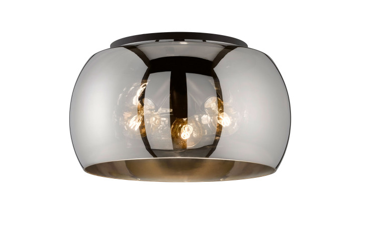 Die Fischer-Honsel Deckenleuchte Dima 40 cm ist eine moderne Deckenleuchte in Schwarz mit einem reflektierenden Glasschirm und freiliegenden Glühbirnen.