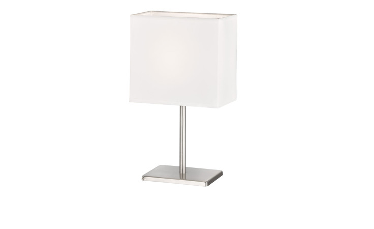 Fischer-Honsel Tischleuchte Bozen 30 cm mit rechteckigem weißem Schirm und schlankem silberfarbenem Metallfuß.