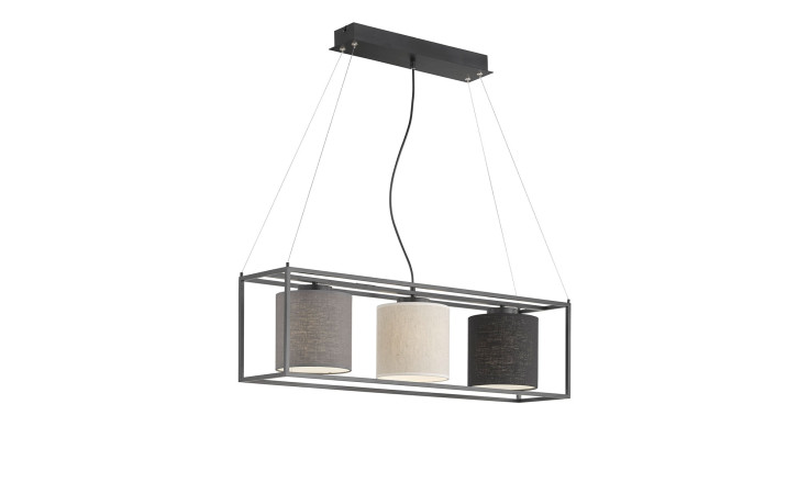 Fischer-Honsel Pendelleuchte Gilli: rechteckige Pendelleuchte aus schwarzem Metall mit drei zylindrischen Schirmen, an einem Kabel aufgehängt.