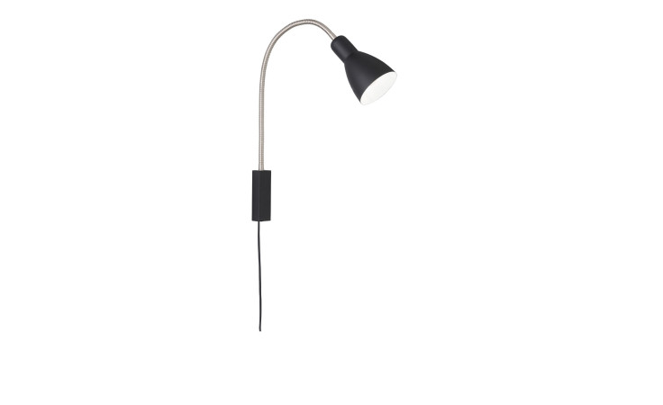 Die Wandleuchte Lolland von Fischer-Honsel aus schwarzem Metall mit flexiblem Arm und Kabel vor weißem Hintergrund.