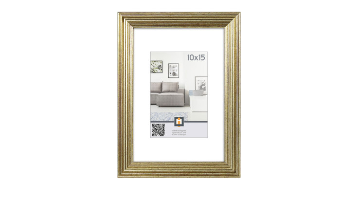 Intertrading Kunststoffrahmen Salerno 10x15 cm, gold mit weißem Passepartout und Glasfront, modernes Wohnzimmerfoto.