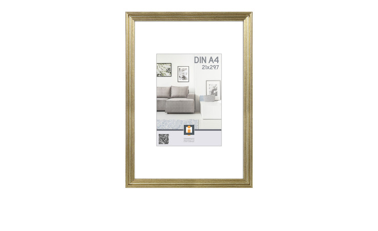 Intertrading Kunststoffrahmen Salerno 21 x 30 cm, gold mit weißem Matt & Glas, zeigt DIN A4 Musterbild.
