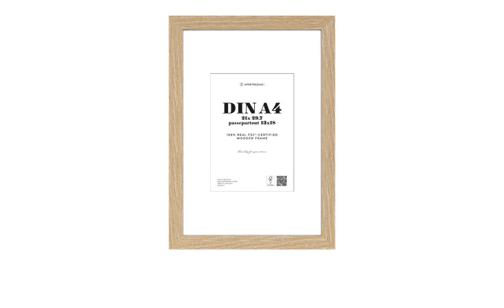 Holzrahmen Toronto 21 x 30 cm: Ein A4-Rahmen aus hellem Holz mit Glasfront, weißem Passepartout und abgebildeter Mustereinlage.