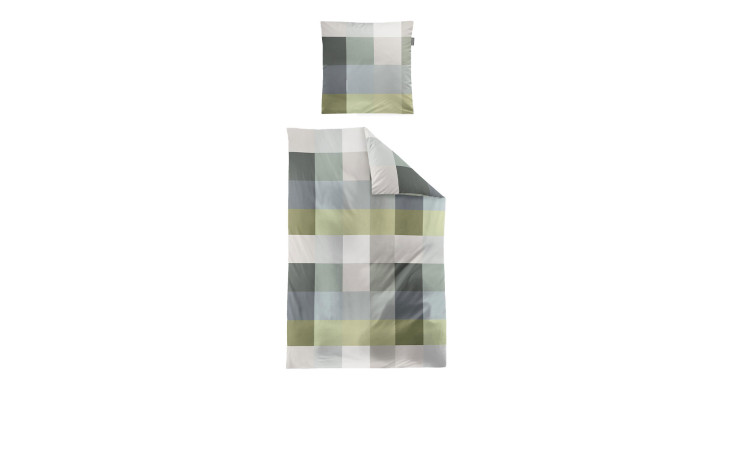 Mako-Satin-Bettwäsche Wave 135x200cm: Zwillings-Bettwäsche-Set in grün, blau, grau kariert mit Bettdecke & Kissenbezug.