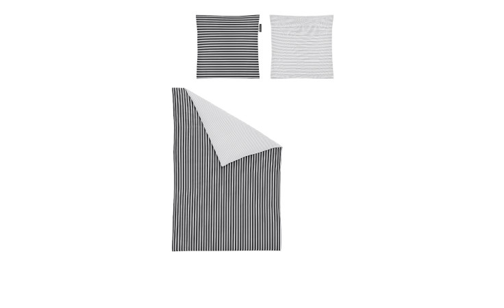 Schwarz-weiß gestreifte Mako-Satin-Bettwäsche Nora 135x200 cm mit einer wendbaren dünn gestreiften Seite.