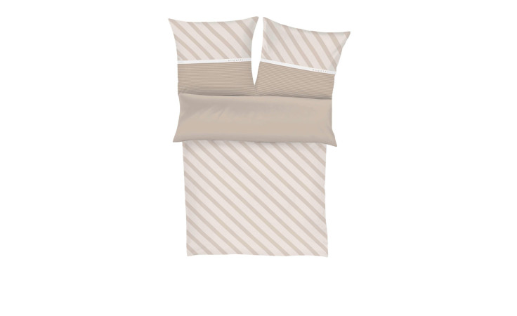 Beige-weiß gestreifte Satin Bettwäsche bugatti 155x220 cm mit Kissenbezug 80x80, von oben gesehen.