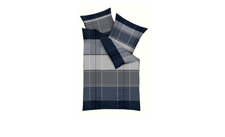 Marineblaue, graue und weiße Biber-Bettwäsche Architect 135x200 cm im Set mit zwei Kissen und umgeschlagenem Oberlaken.