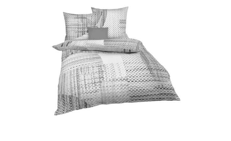 Satin-Bettwäsche Supreme 135 x 200 cm in grau und weiß mit Kissenbezug, Bettdeckenbezug, geometrischen und gepunkteten Mustern.