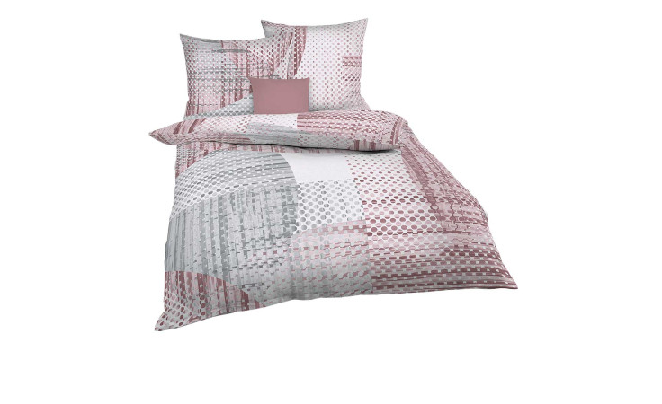 Ein Bett mit rosa-grauer geometrischer Satin-Bettwäsche Supreme 135x200 cm und einem passenden Kopfkissenbezug sowie einem rosa Akzentkissen.