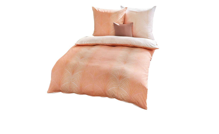 Pfirsich-weiße Satin-Bettwäsche Ikone 155 x 220 cm mit Fächermuster, Kissen und Bettbezug.