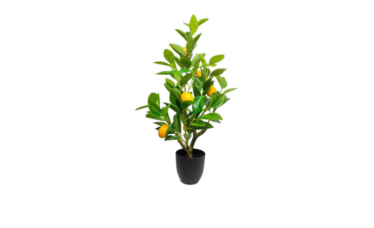 Kare Deko-Pflanze 68 cm: kleiner orangefarbener Baum mit grünen Blättern im Kunststofftopf, isoliert auf weiß.