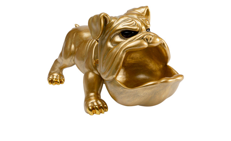 Deko-Figur Hungry Dog von Kare: goldfarbener Kunststoff-Bulldog auf vier Pfoten, mit offenem Maul als Deko-Highlight.