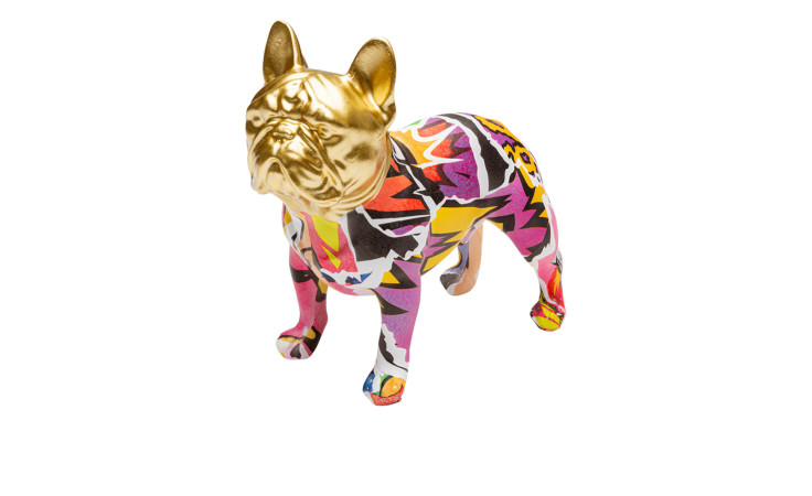 Die Kare Deko-Figur Graffitidog ist eine mehrfarbige Bulldogge mit goldenem Kopf, hergestellt aus hochwertigem Kunststoff.
