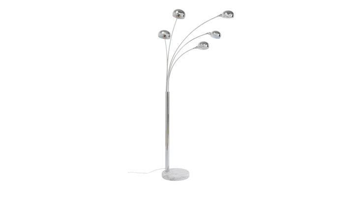 Die Kare Stehleuchte Five Fingers ist eine moderne Stehleuchte mit vier gebogenen Armen und Kuppelschirmen auf einem Marmorsockel.