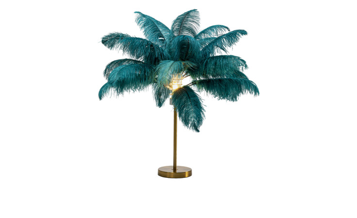 Die Kare Tischleuchte Feather Palm ist eine tealfarbene Stehleuchte in Form einer Palme mit Straußfederblättern und einem goldenen Rundsockel.