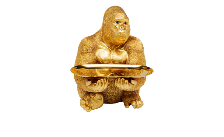 Die Kare Deko-Figur Gorilla Butler ist eine goldene Polyresin-Statue, die ein Tablett hält und auf weißem Hintergrund abgebildet ist.