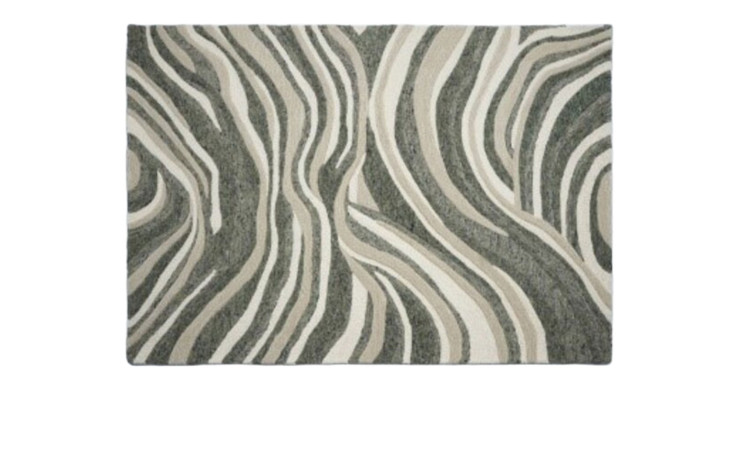 Kare Teppich Shape Wave: Rechteckiger Teppich mit abstrakten, wellenförmigen Streifen in Grau, Creme und Beige.