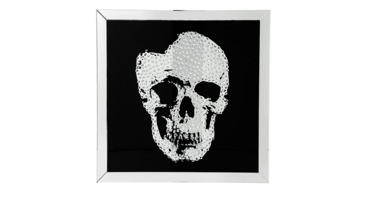 Kare Rahmenbild Frame Mirror Skull 100 x 100 cm: weißer Totenkopf mit Spiegel-Akzenten auf Schwarz Glas Hintergrund.