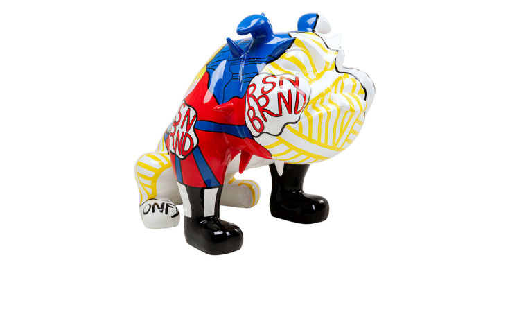 Die Kare Deko-Figur Graffiti Dog 110 cm zeigt kräftige Farben und abstrakte Muster auf weißem Hintergrund.