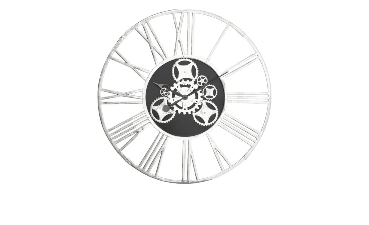 Kare Wanduhr Gear Wanduhr mit römischen Ziffern, sichtbaren Zahnrädern, Schwarz Silber Akzenten, Zeiteinstellung auf 10:10.