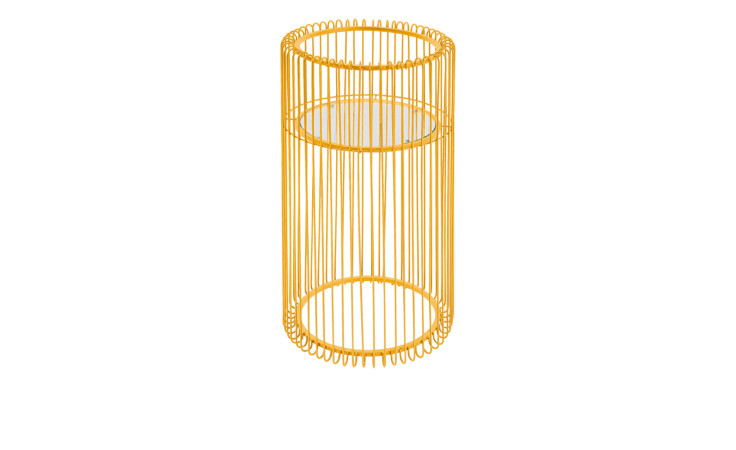 Pflanzenständer Wire Brass von Kare aus pulverbeschichtetem Stahl mit Sicherheitsglas auf weißem Hintergrund.