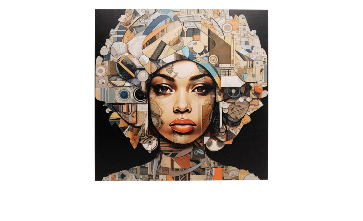 Das Kare Glasbild Art Geo Women 120 x 120 cm zeigt eine digitale Collage einer Frau mit mehrfarbigen geometrischen Formen.